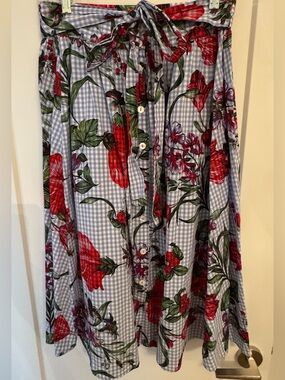Zara Blue Gingham Floral Button-Front Women's Skirt with sash